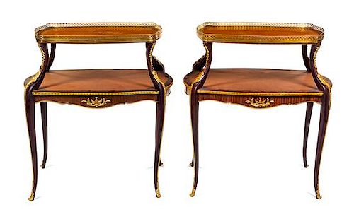 A Pair of Louis XV Style Gilt Metal Mounted Two-Tier Serving Tables Height 35 x width 32 x depth 21 1/2 inches.
