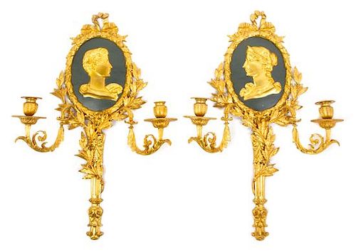 A Pair of Louis XV Style Enameled Gilt Bronze Two-Light Sconces Height 23 3/4 inches.