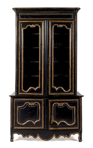 A French Provincial Painted Stepback Cupboard Height 101 x width 56 5/8 x depth 20 1/2 inches.