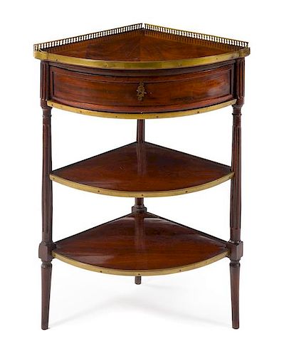 A Louis XVI Style Mahogany Corner Etagere Height 33 1/4 x width 24 1/2 x depth 18 inches.