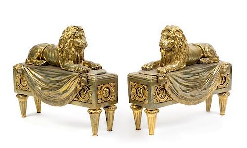 A Pair of Louis XVI Style Gilt Bronze Chenets Height 11 3/4 x width 13 inches.