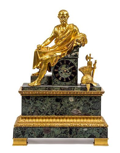 An Empire Style Gilt Bronze and Marble Figural Mantel Clock Height 30 1/4 x width 21 x depth 8 3/4 inches.
