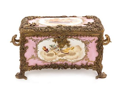 A Sevres Style Gilt Bronze Mounted Porcelain Box Width 16 inches.
