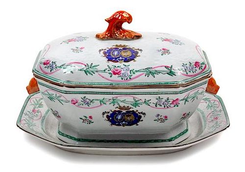 A Chinese Porcelain Armorial Covered Tureen and Platter Width 14 1/2 inches.