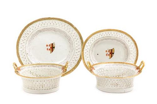 Two Chinese Export Porcelain Armorial Baskets Width of wider tray 9 1/2 inches.