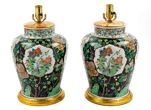 A Pair of Famille Verte Porcelain Vases Height of porcelain 12 1/2 inches.