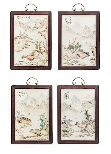 Four Chinese Polychrome Enameled Plaques Height 13 3/4 x width 9 1/4 inches.