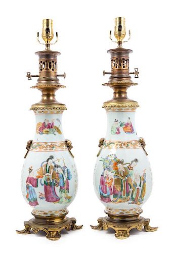 A Pair of Chinese Gilt Metal Mounted Porcelain Vases Height 31 inches.