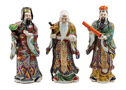 Three Chinese Enameled Porcelain Figures Height of tallest 21 inches.