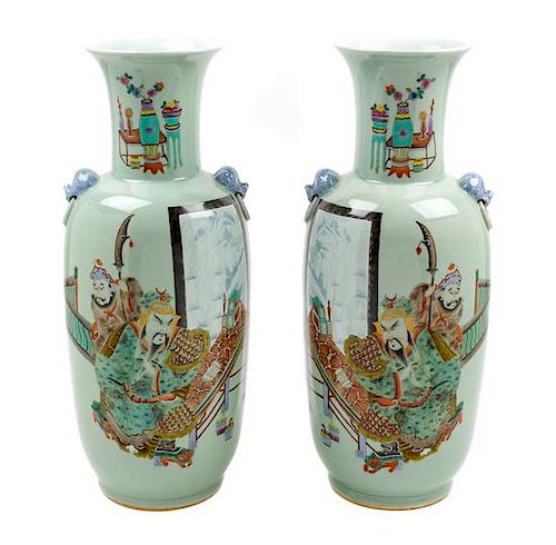 A Pair of Chinese Celadon Ground Famille Rose Porcelain Vases Height 23 3/4 inches.