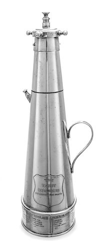 An English Silver-Plate Thirst Extinguisher Cocktail Shaker, Asprey & Co., London, First Half 20th Century, in the form of a fir
