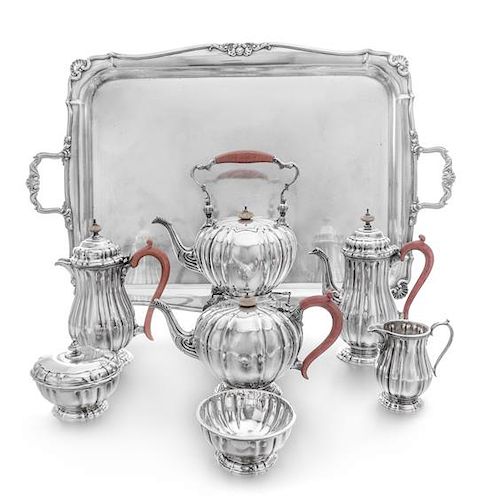 An English Silver Eight-Piece Tea and Coffee Service, Adie Brothers, Birmingham, 1946-7, comprising a hot water kettle-on-stand,