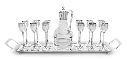 * An Austro-Hungarian Silver Cordial Service, Bachruch Antal, Pest, Early 20th Century, the 12 cordial glasses each having a tur