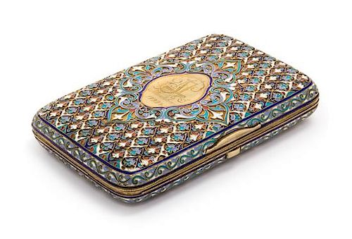 A Russian Enameled Silver Cigarette Case, Mark of Nikolai Nemirov-Kolodkin, Moscow, 1896, the case exterior worked thoughout wit