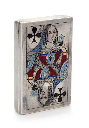 A Russian Silver and Enamel Playing Card Box, Maker's Mark Cyrillic IKh, Moscow, 1872, the polychrome enameled lid depicting the