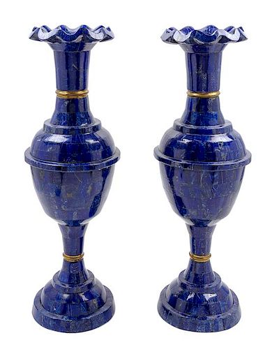 A Pair of Lapis Lazuli Veneered Vases Height 29 3/4 inches.