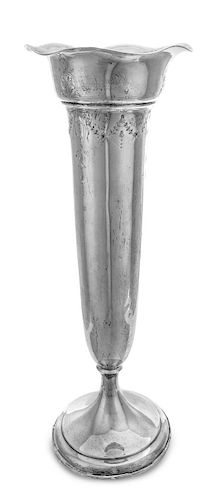 An American Silver Trumpet Vase, International Silver Co., Meriden, CT, 20th Century, having an undulating rim, the body worked