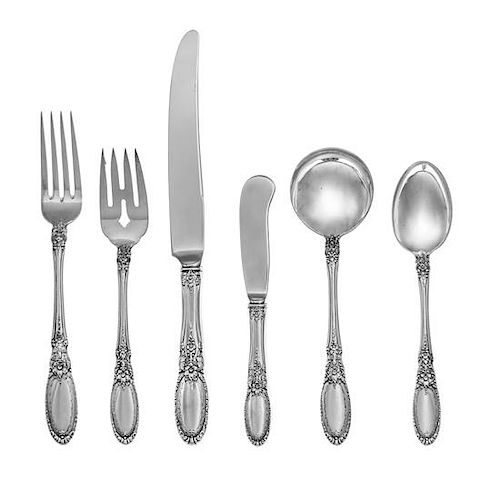 * An American Silver Flatware Service, Towle Silversmiths, Newburyport, MA, Old Mirror pattern, comprising: 9 dinner knives 9 di