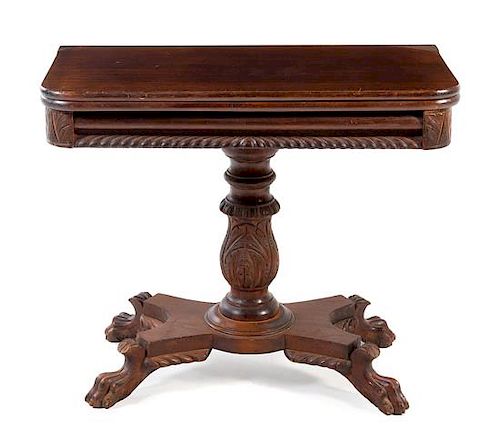 A George III Style Mahogany Flip-Top Game Table Height 28 1/2 x width 34 1/2 x depth 17 1/2 inches.