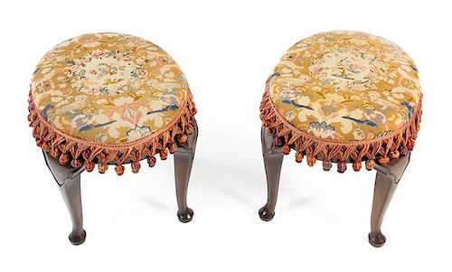 A Pair of Queen Anne Style Mahogany Stools Height 18 x width 17 x depth 22 inches.