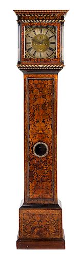 An English Marquetry and Parquetry Tall Case Clock Height 79 1/2 x width 18 1/4 x depth 9 3/4 inches.
