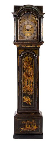 A George III Lacquered Tall Case Clock Height 82 1/2 inches.