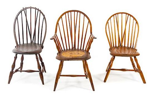 * A Group of Three Windsor Brace Back Chairs Height of tallest 37 3/4 inches.