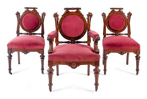 A Set of Three Victorian Burl Walnut Chairs Height 39 3/8 inches.