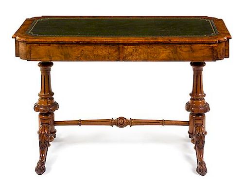 A Victorian Burlwood Writing Table Height 27 x width 41 1/2 x depth 20 3/8 inches.