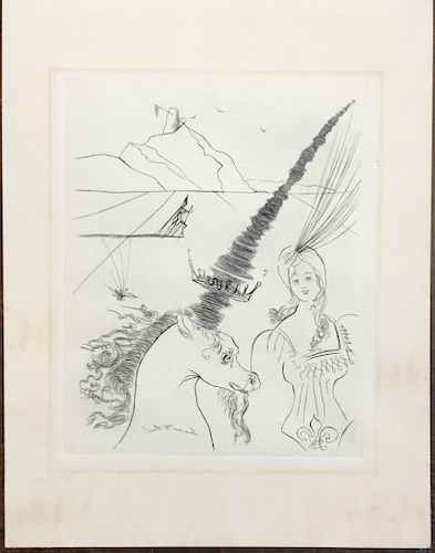 Etching, Unicorn and the Lady, Salvadore Dali