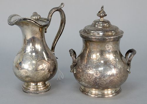 Two piece N. Harding Boston coin silver covered sugar and covered creamer.  creamer: height 7 1/2 in.,  sugar: height 7 3/4 in.,...