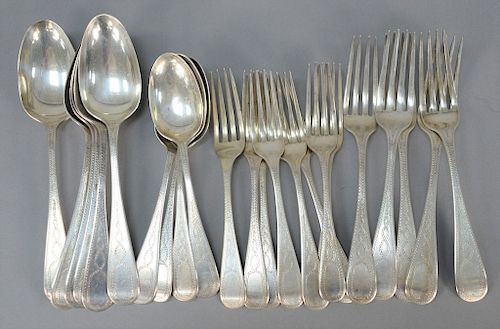H & M coin silver flatware to include thirteen forks and ten spoons, Hall & Merriam Albany N.Y. 1825. 
33.9 total troy ounces