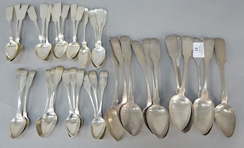 Collection of various coin silver spoons. 
38.2 total troy ounces 
Provenance: Estate of Eileen Slocum located in the Harold Brown V...