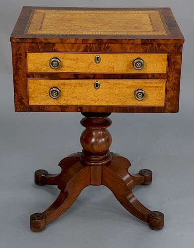 Federal mahogany and curly maple two drawer stand on pedestal base with inset maple top. 
height 29 1/2 in., top: 17" x 22 1/2"