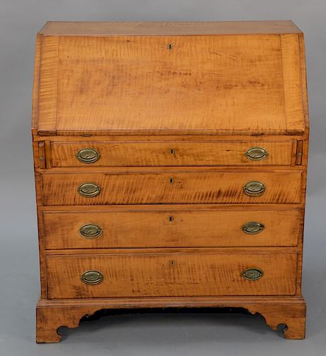 Tiger maple Chippendale slant lid desk, interior with stepped fan carved drawers. 
height 41 1/2 in., case width 36 in.