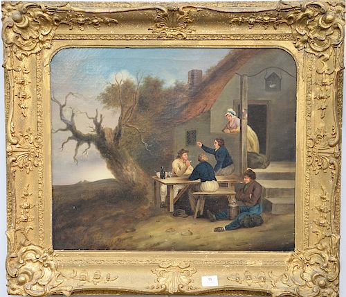 Oil on canvas, Smoking Pipes Outside Country House, unsigned, 19th century, 20" x 24"