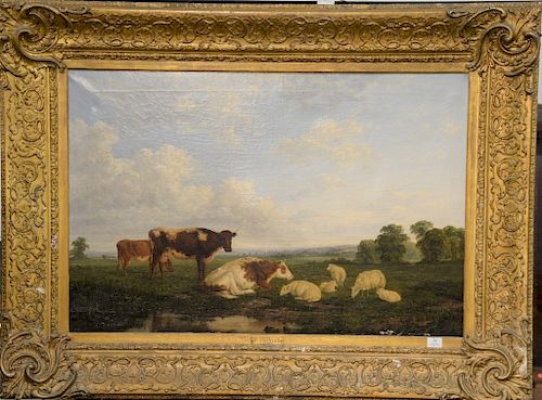 Country farm landscape with cows and sheep oil on canvas  plaque: Broomhead  in period frame 19th century  28" x 42"