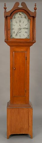 Federal cherry tall clock having wooden works and painted wood dial, interior with blue/green paint. 
height 83 in.