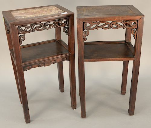 Two Chinese 19th century hardwood stands, one with marble top. 
each: ht. 31 1/2in., top: 12" x 16 1/4",