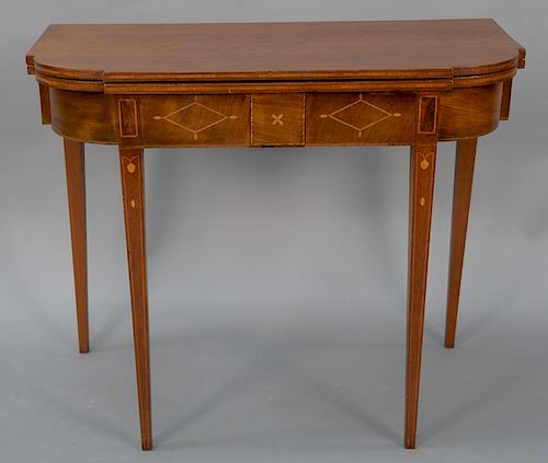 Federal cherry and mahogany D shaped game table with diamond line and floral inlays, circa 1800. 
height 29 1/4 in., top: 17 1/2" x ...