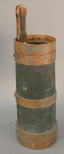 Primitive butter churn with piggin handle in old blue paint. 
height 28 in., top diameter 8 in.