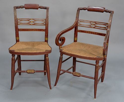 Set of eight Sheraton rush seat chairs in old paint with two armchairs.  seat height 17 1/2 in., total height 34 1/2 in.