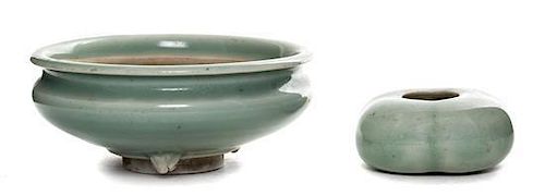 * Two Celadon Porcelain Articles Length 10 x width 4 1/4 inches.