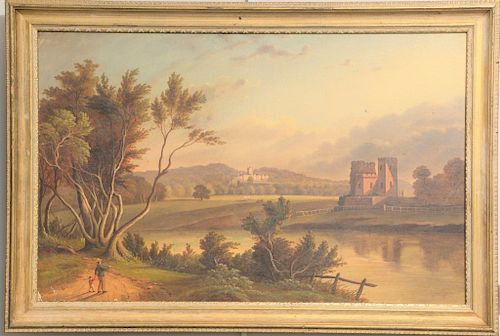 Edward Lear (1812-1888)
oil on canvas mounted on board
country landscape with castle 
signed lower left Edward Lear
14" x 22"