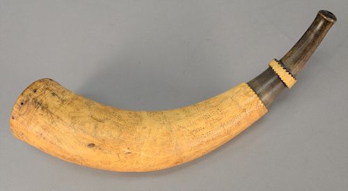 Powder horn marked Capt. Gad Stanley's horn made at Phillips Borough Dec. ye 101776 depicting flags, cannons, drums, swords. Captain...