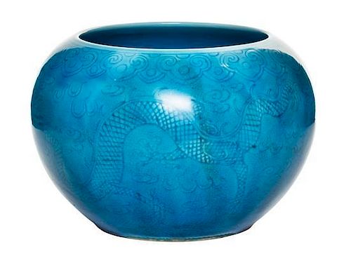 A Turquoise Glazed Porcelain Jardiniere Height 3 5/8 inches.