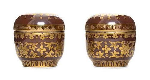 A Pair of Gilt and Iron Red Glaze Porcelain Jars and Covers Height 1 3/4 inches.