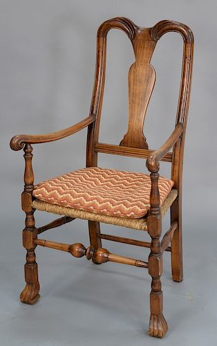 Queen Anne great chair with block and turned supports and Spanish feet, now with newer rush seat. 
seat height 16 1/2 in., total hei...