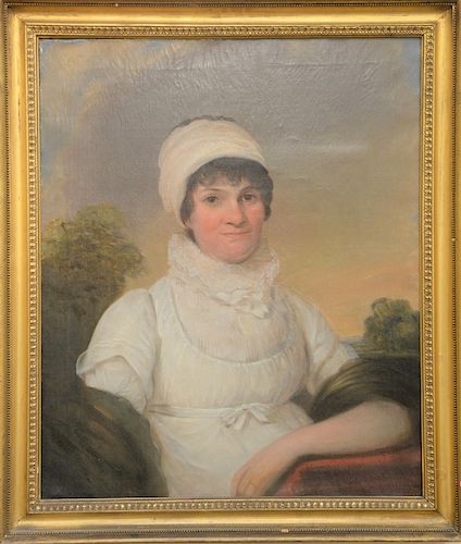 Oil on canvas, 
portrait of a woman wearing bonnet, 
unsigned, 
18th/19th century, 
30" x 25"