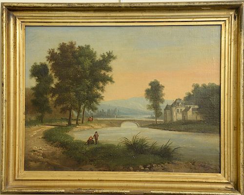 Oil on canvas, 
European landscape, 
river with a bridge leading to a castle, 
signed lower right illegibly, 
19th century,  
in fed...